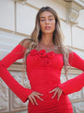Abito con rose scollo a barca rosso