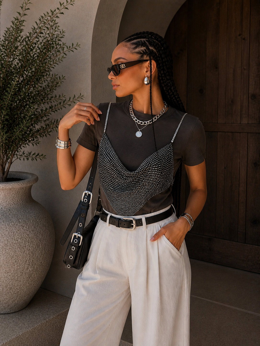T-Shirt Basic con Top in Strass Staccabile