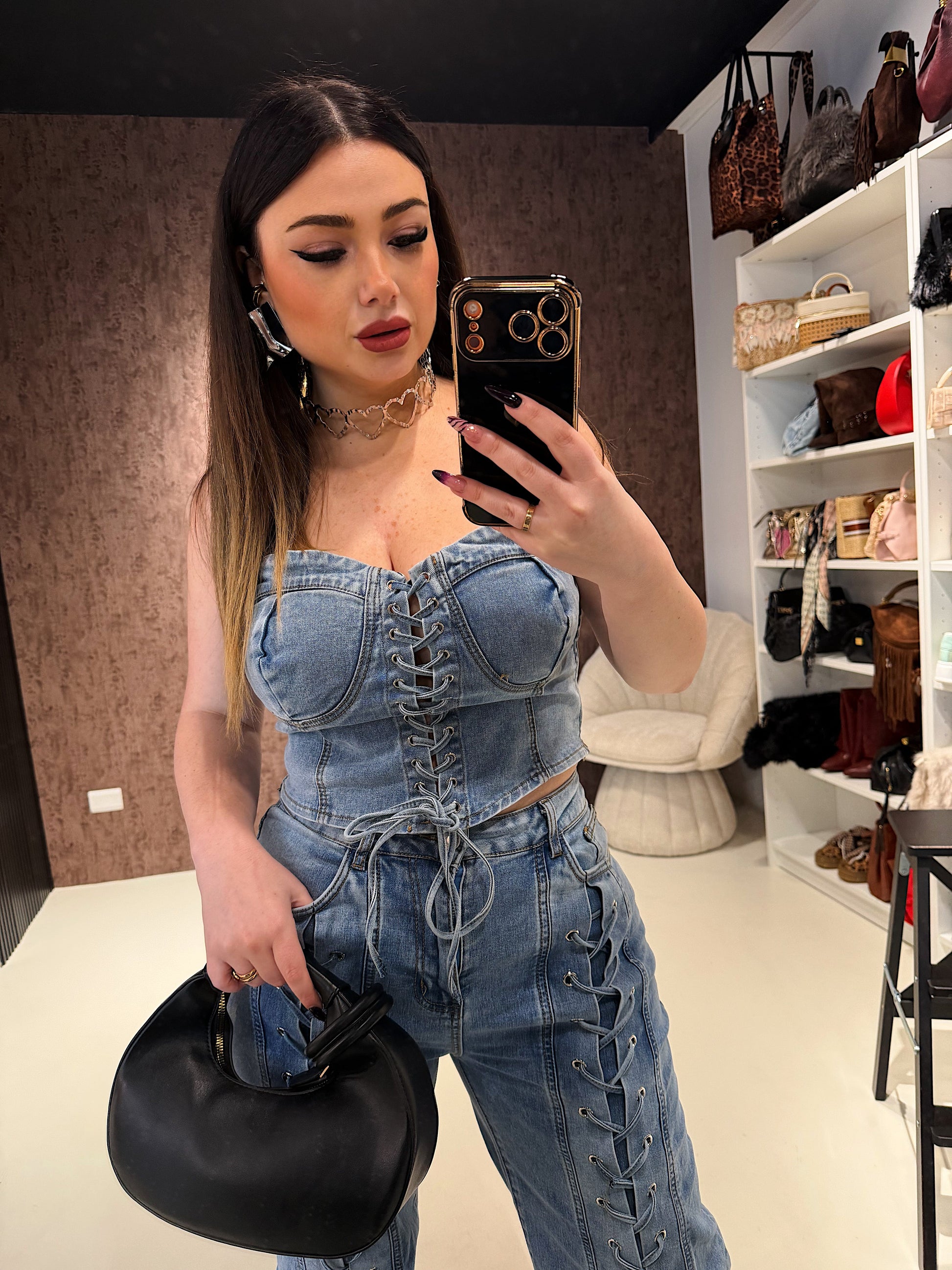Completo Denim Lace Icon – Corsetto & Jeans Wide Leg