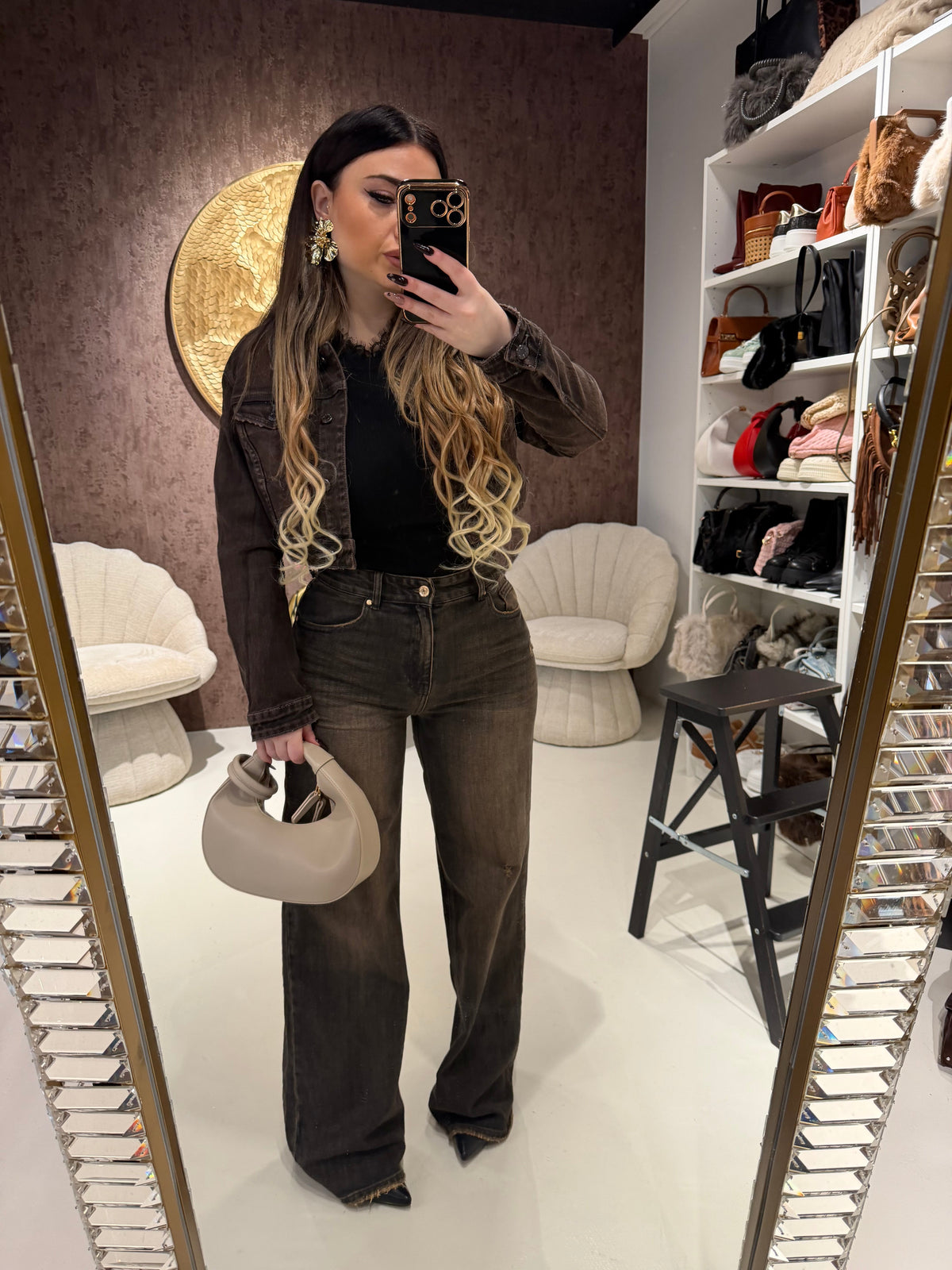 Completo Denim Dark Brown – Giacca Crop & Pantalone Flare
