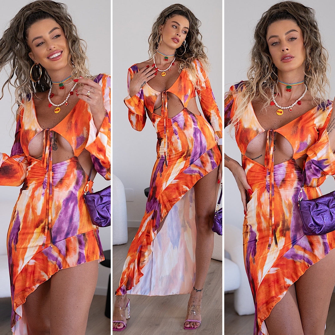 Abito asimmetrico arancio viola