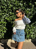 Maglione bianco con scollo e manica in camicia