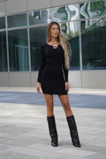 Abito in maglia nero con nodo in strass