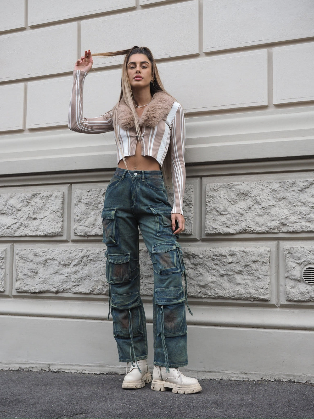 Cargo maxi con tasconi jeans macchiato