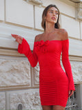Abito con rose scollo a barca rosso