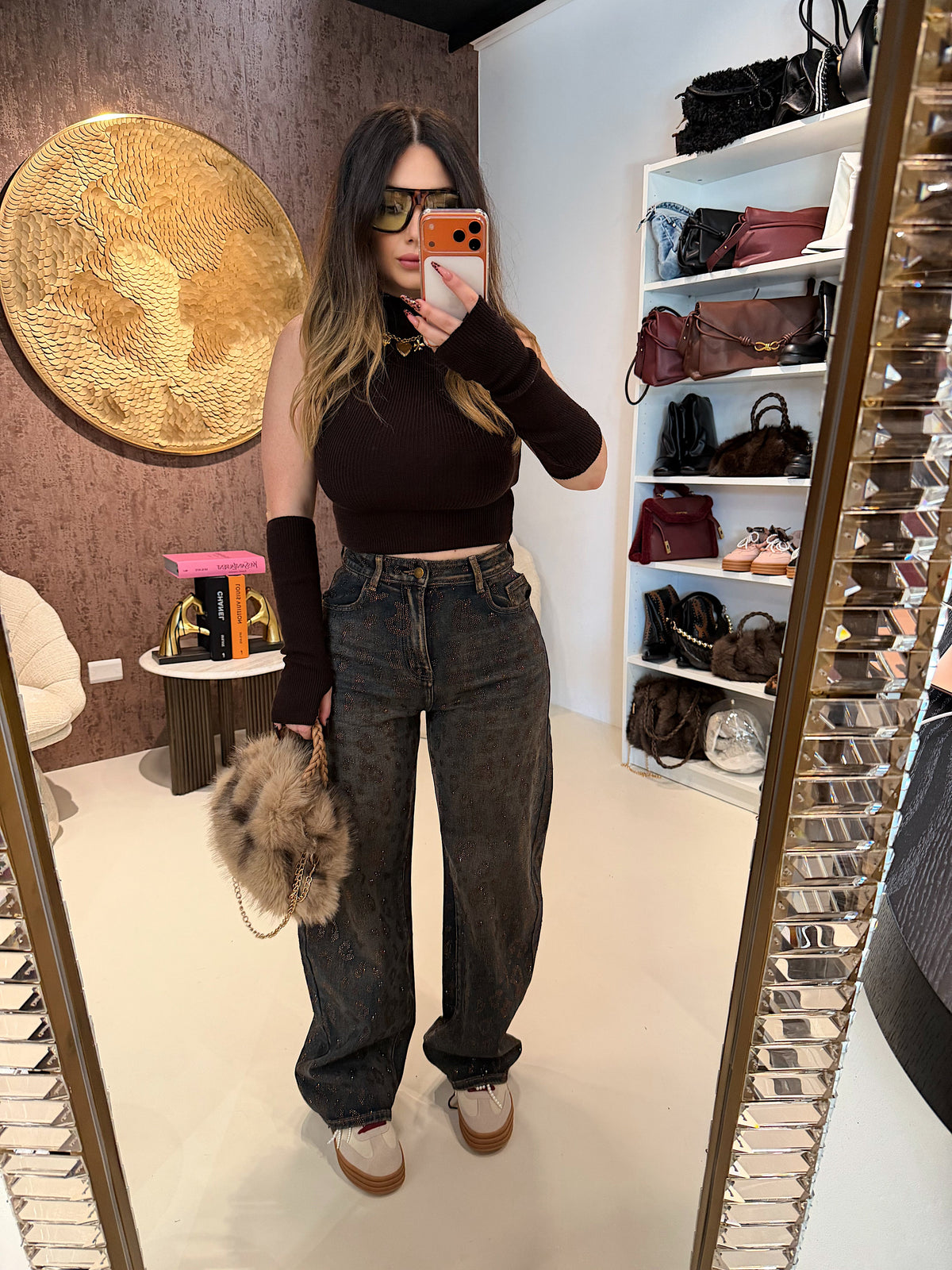 Jeans Balloon Fit con Stampa Animalier e Strass