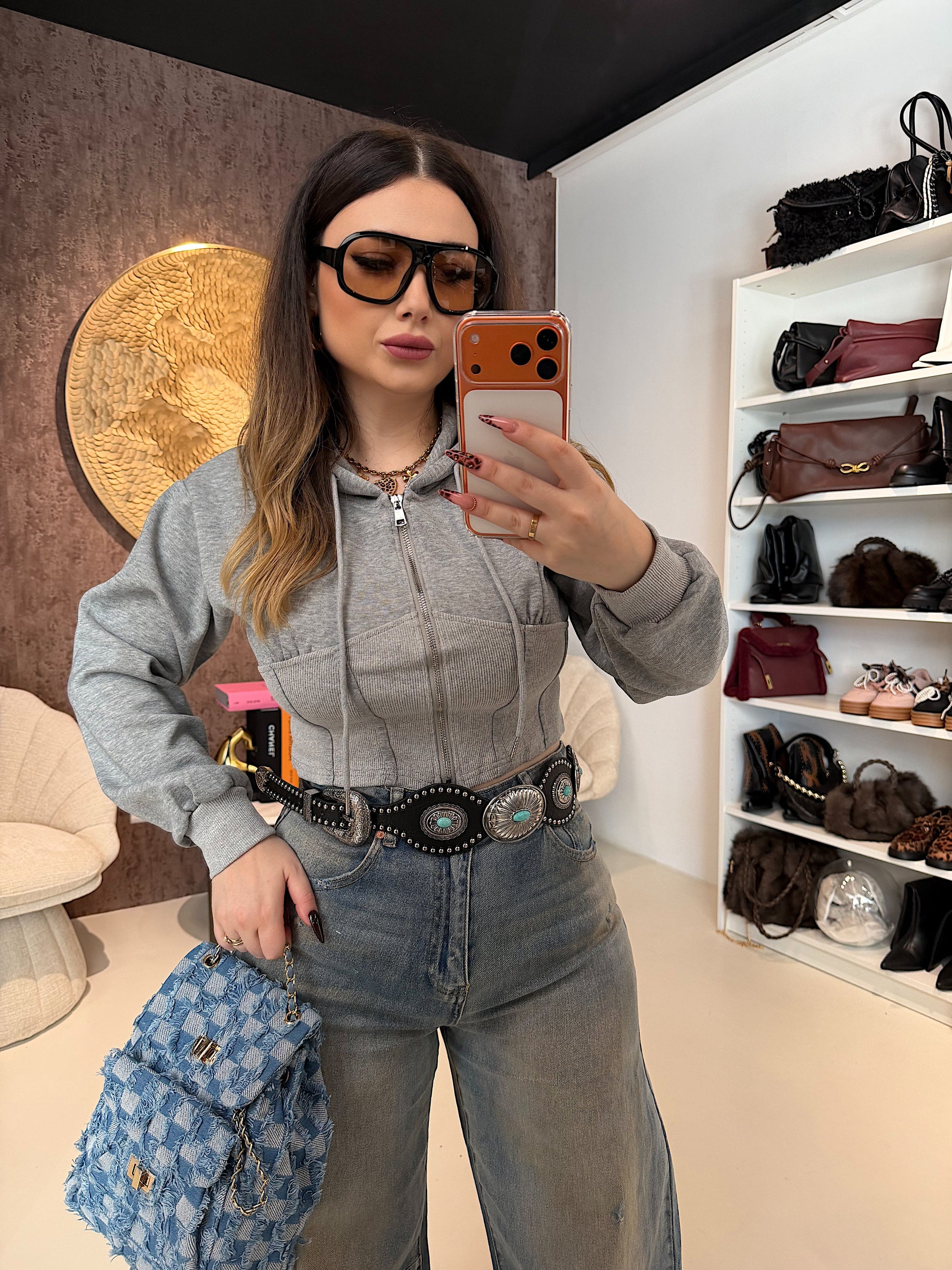 Felpa Cropped con zip e cappuccio