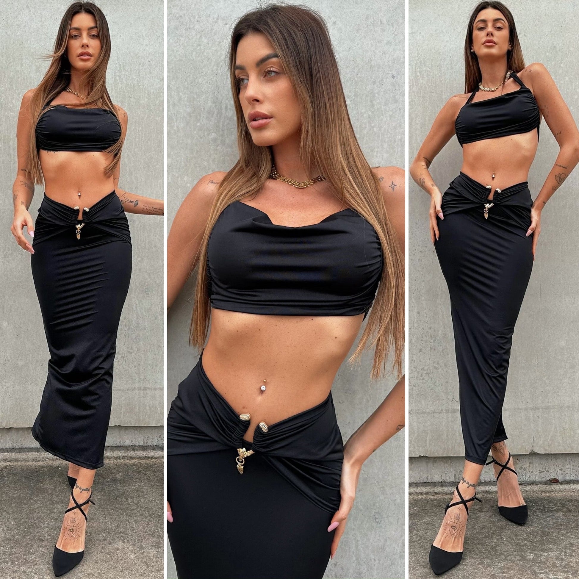 Completo top e gonna nero con gioiello
