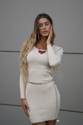 Abito in maglia beige con nodo in strass