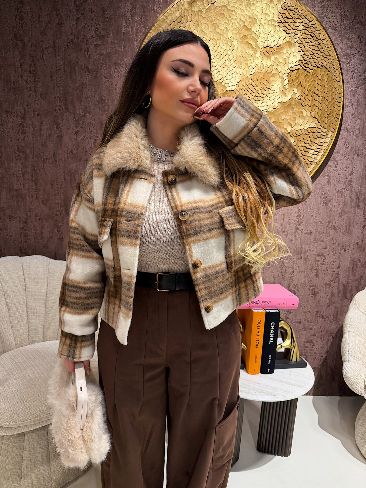 Giacca check con pelo