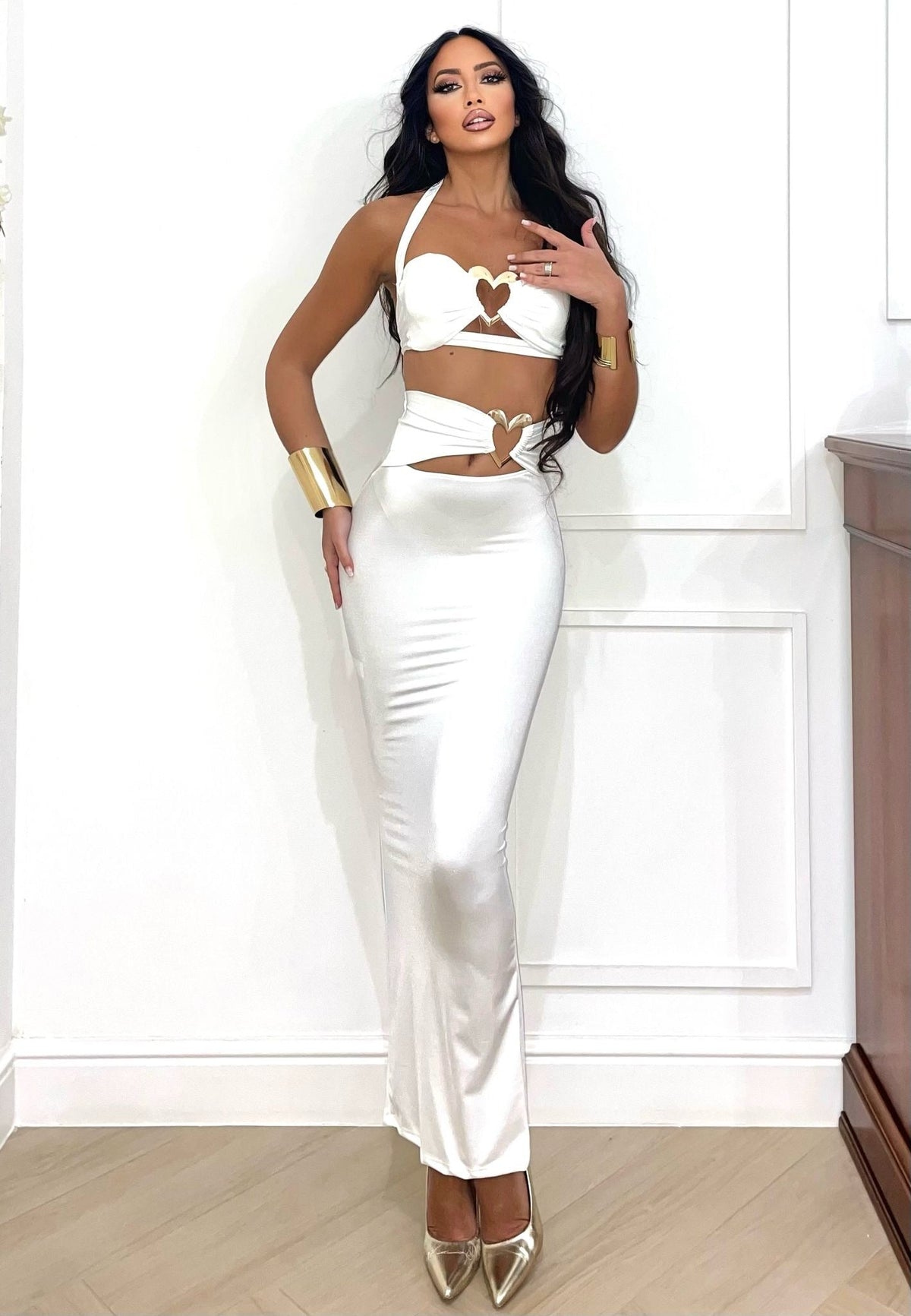 Completo top e gonna con cuori bianco