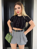 Maglioncino crop nero a trecce con strass
