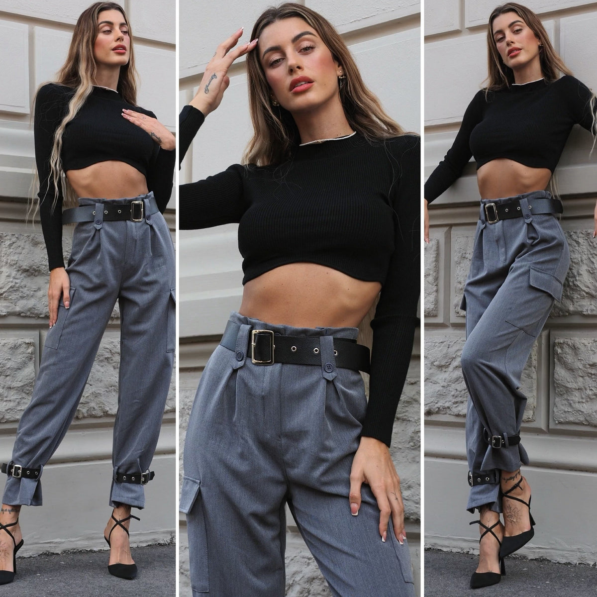 Pantalone grigio con cinghie