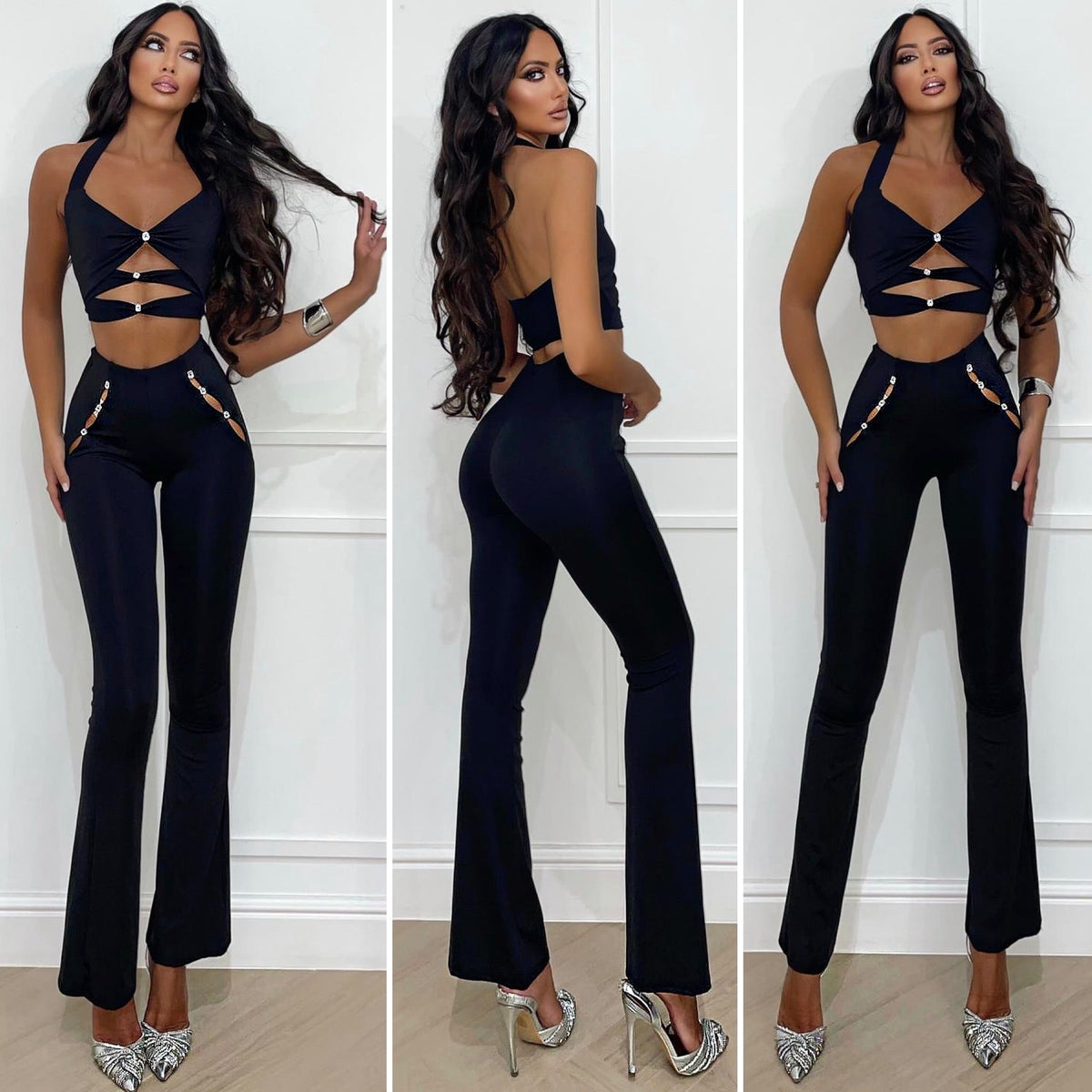 Completo top e pantalone con bottoncini in strass
