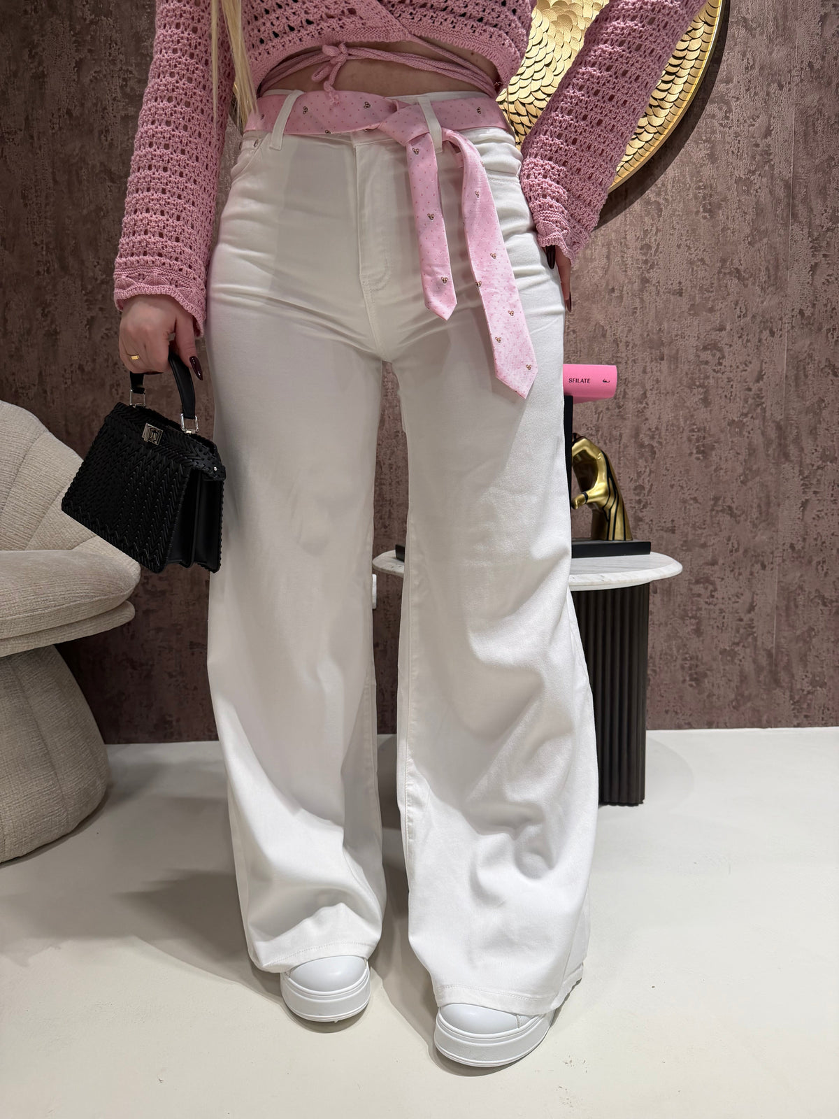 Jeans Wide Leg White con Cintura Dog Pink