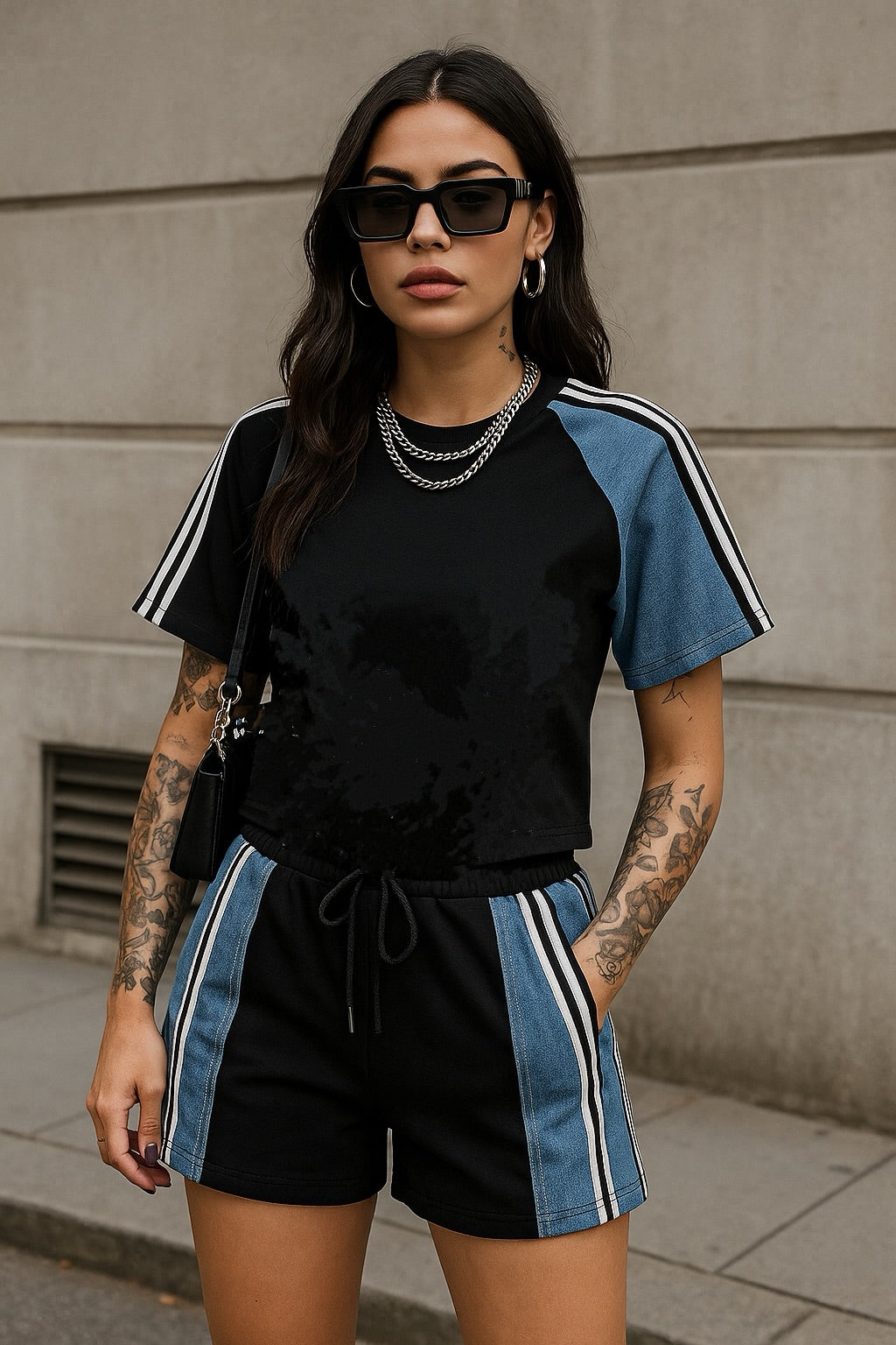 Completo sportivo maglia e short con dettaglio denim