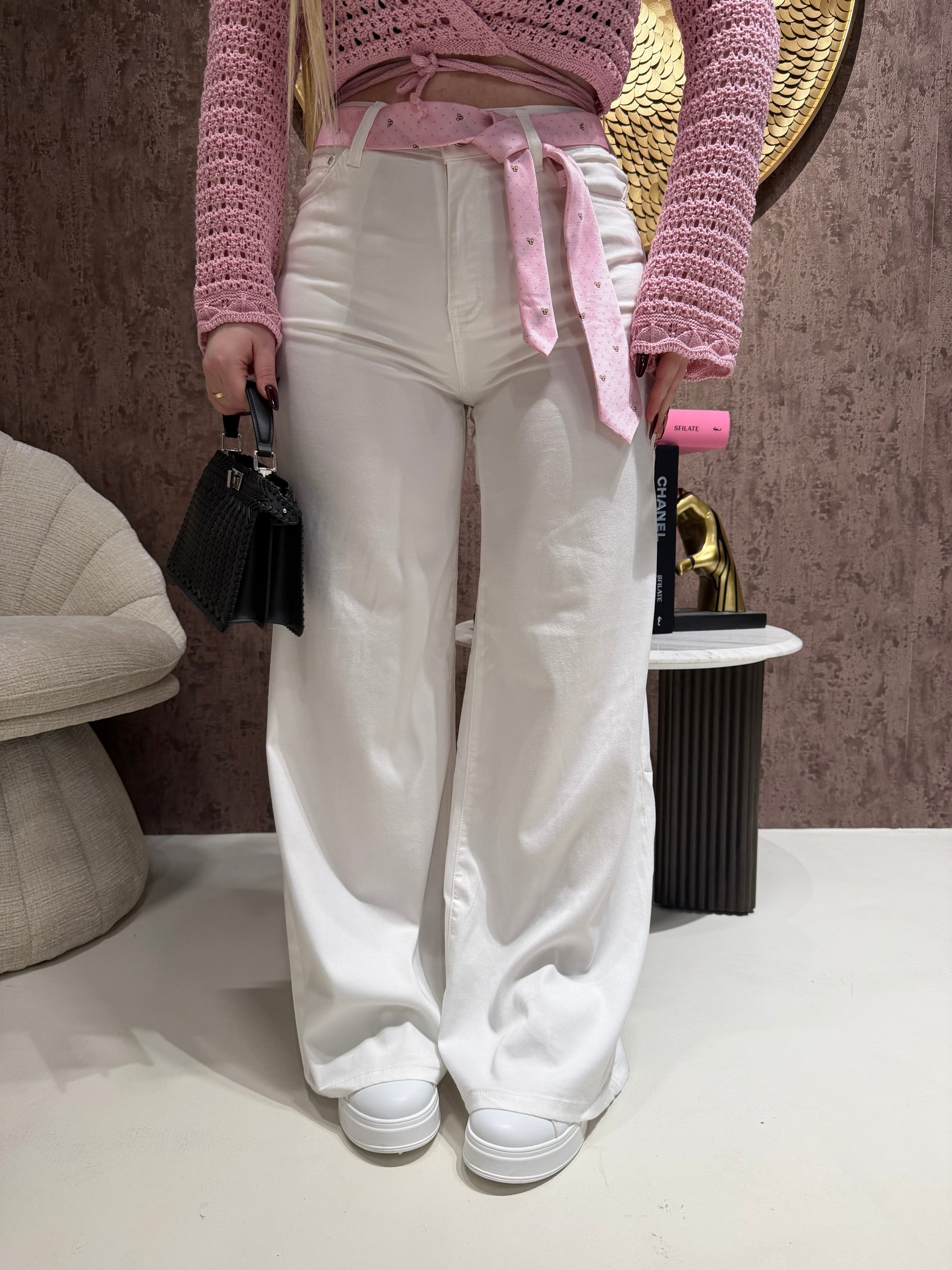 Jeans Wide Leg White con Cintura Dog Pink