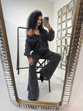 Completo con felpa over e brillantini pantalone a zampa