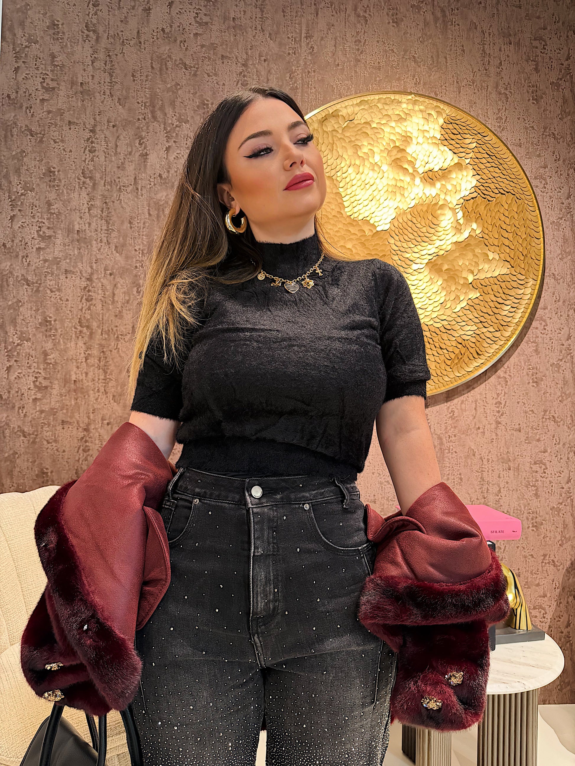 Giacca Pelliccia Elegance bordeaux e marrone