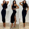 Abito nero midi con spacco