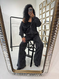 Completo con felpa over e brillantini pantalone a zampa