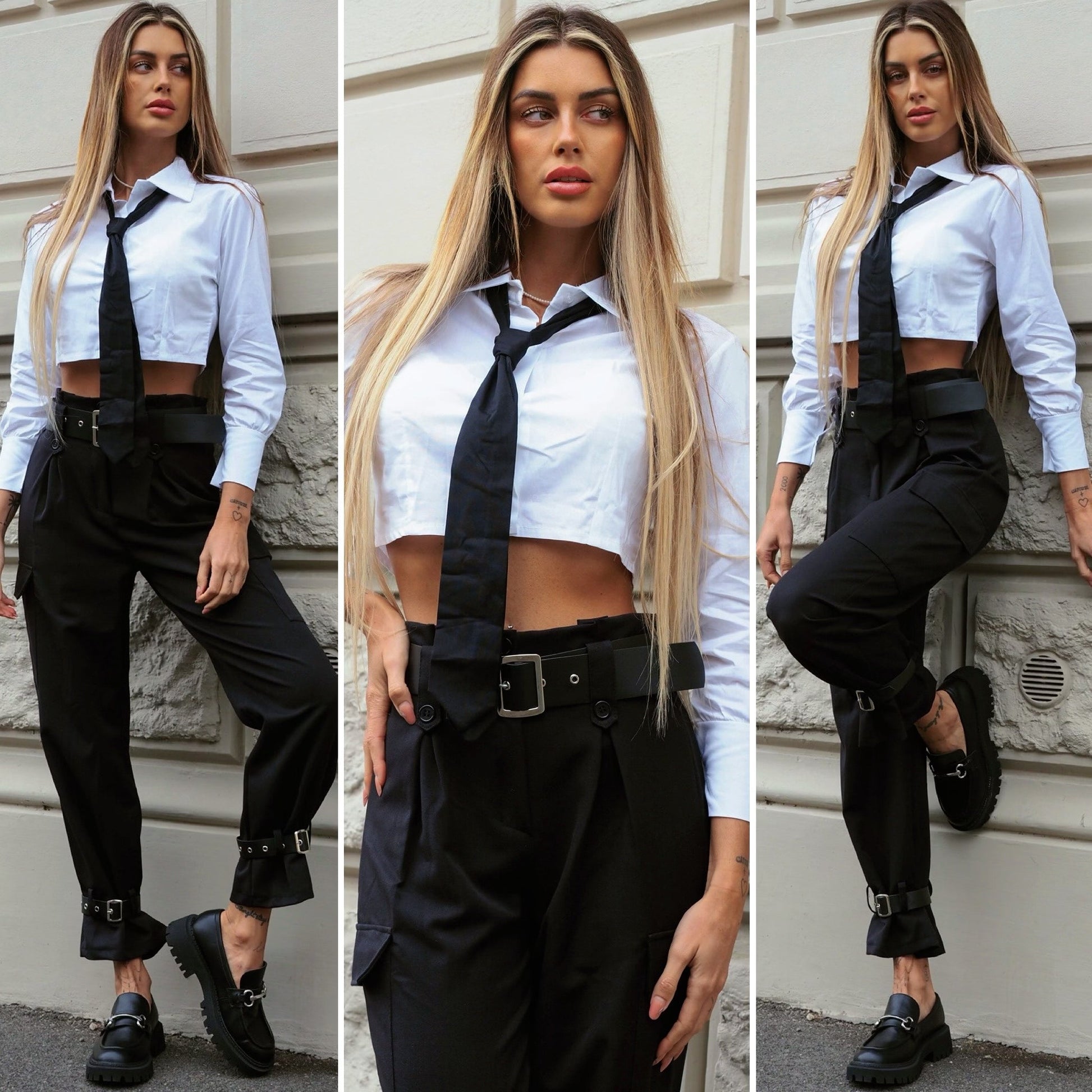 Pantalone nero con cinghie