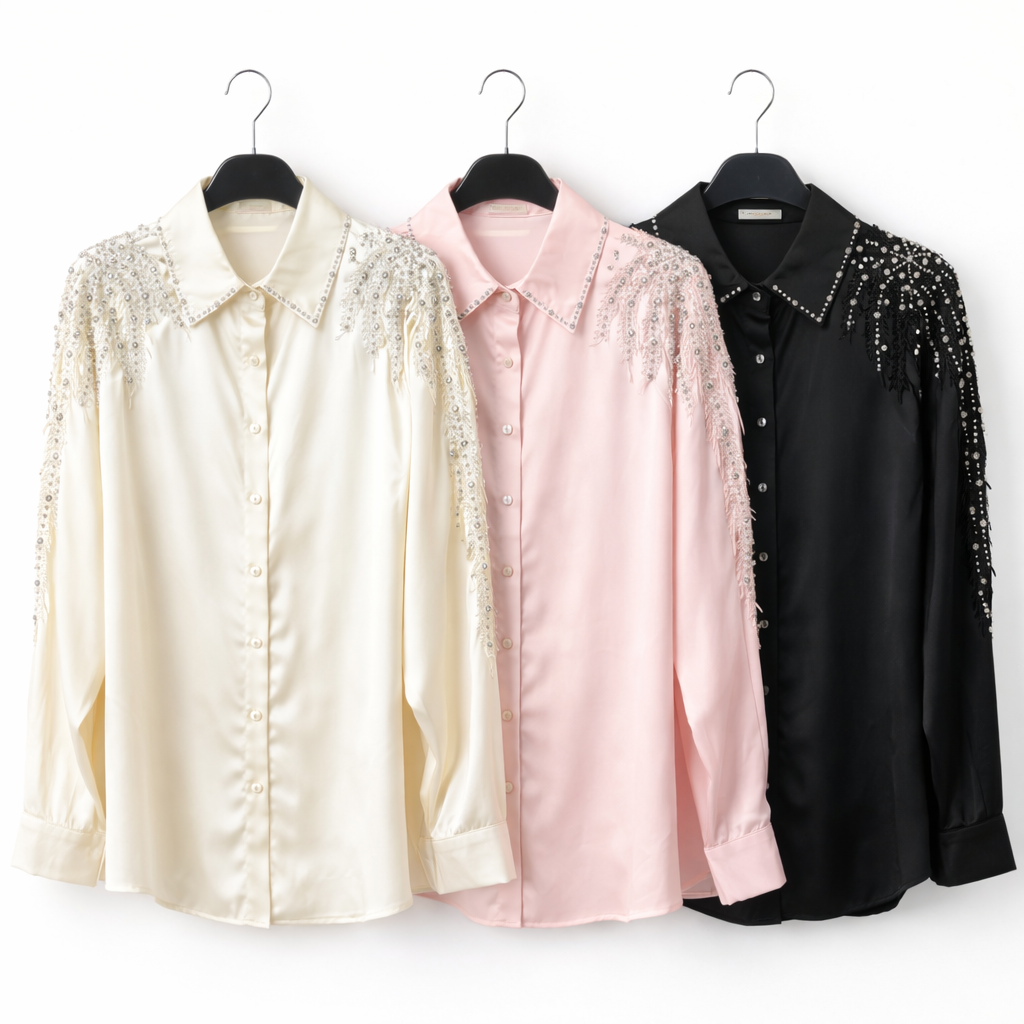Camicia Satin Gioiello con Spalle Ricamate