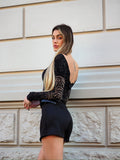 Body a rete con strass e ricamo