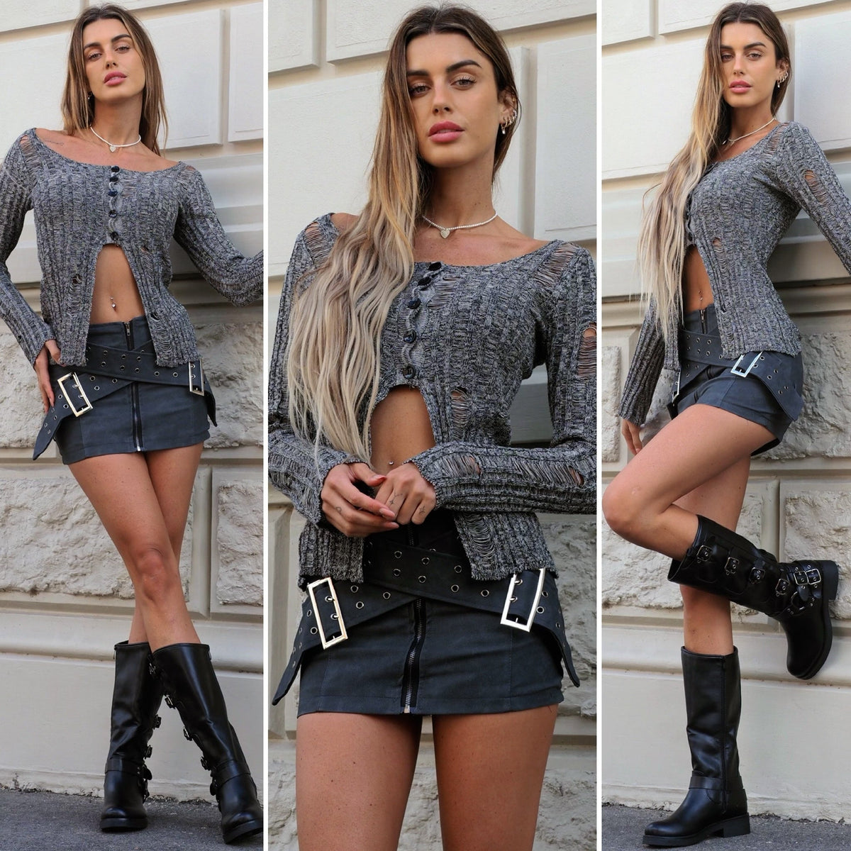 Maglione con bottoni nero/ grigio