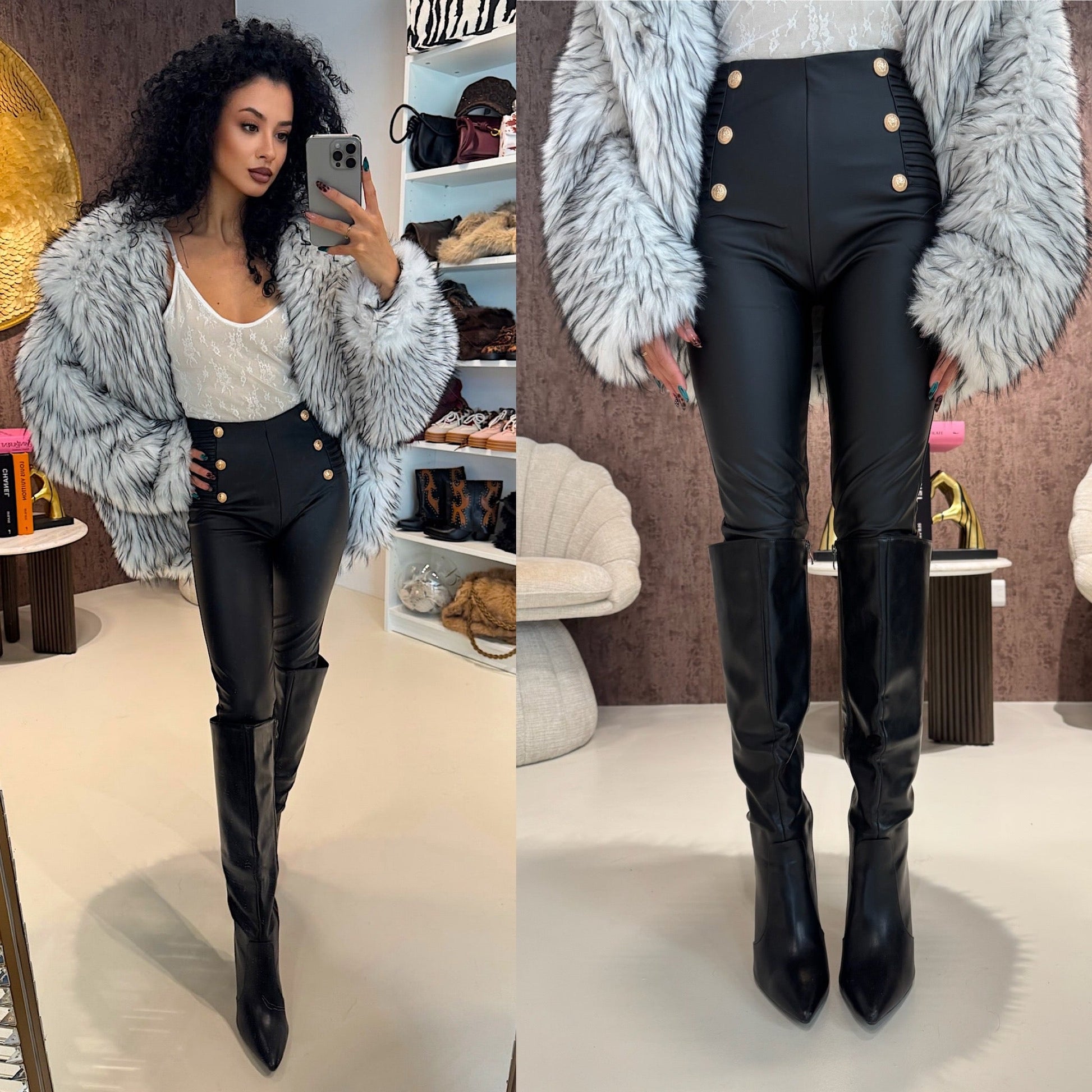 Pantalone in ecopelle con bottoni oro