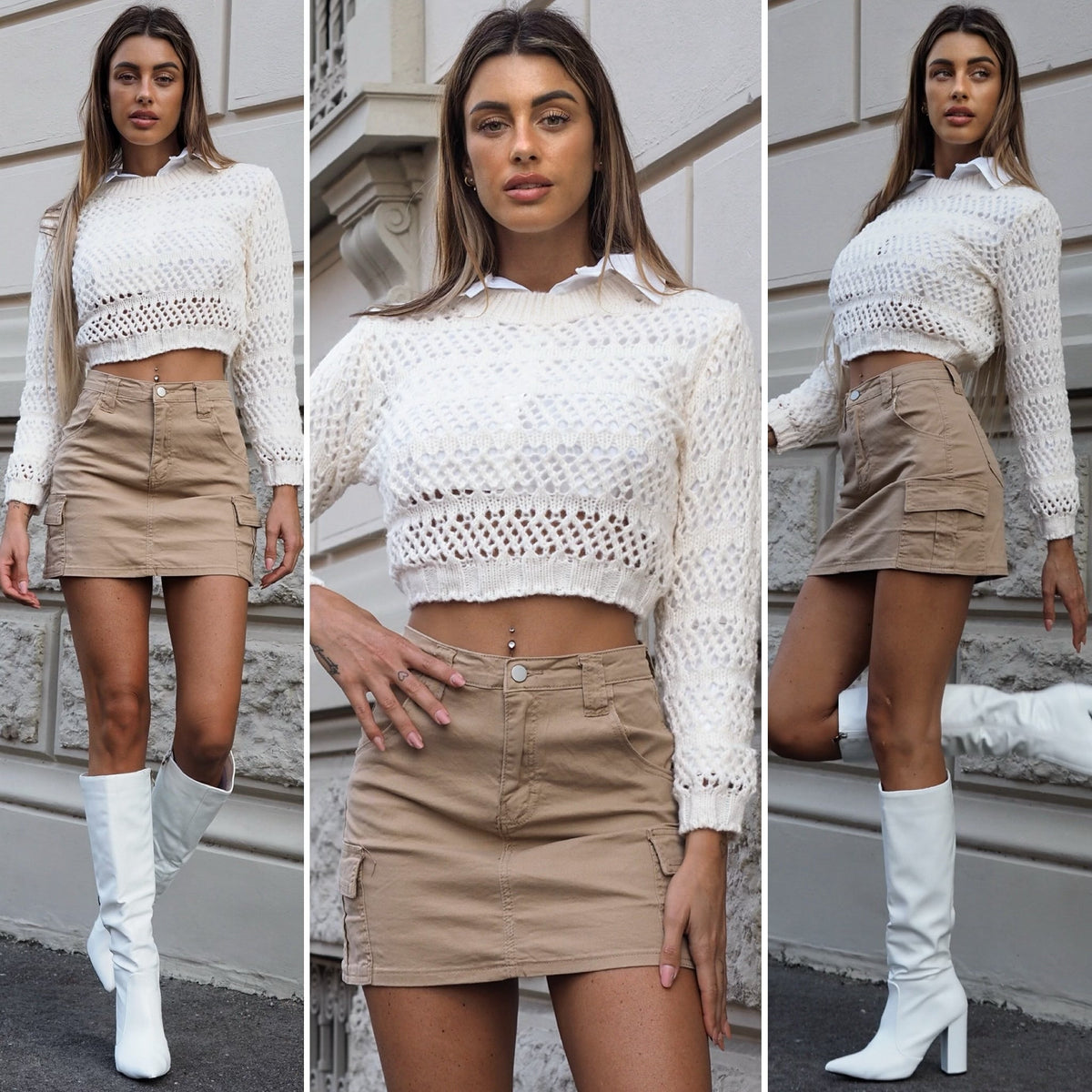 Maglione traforato panna