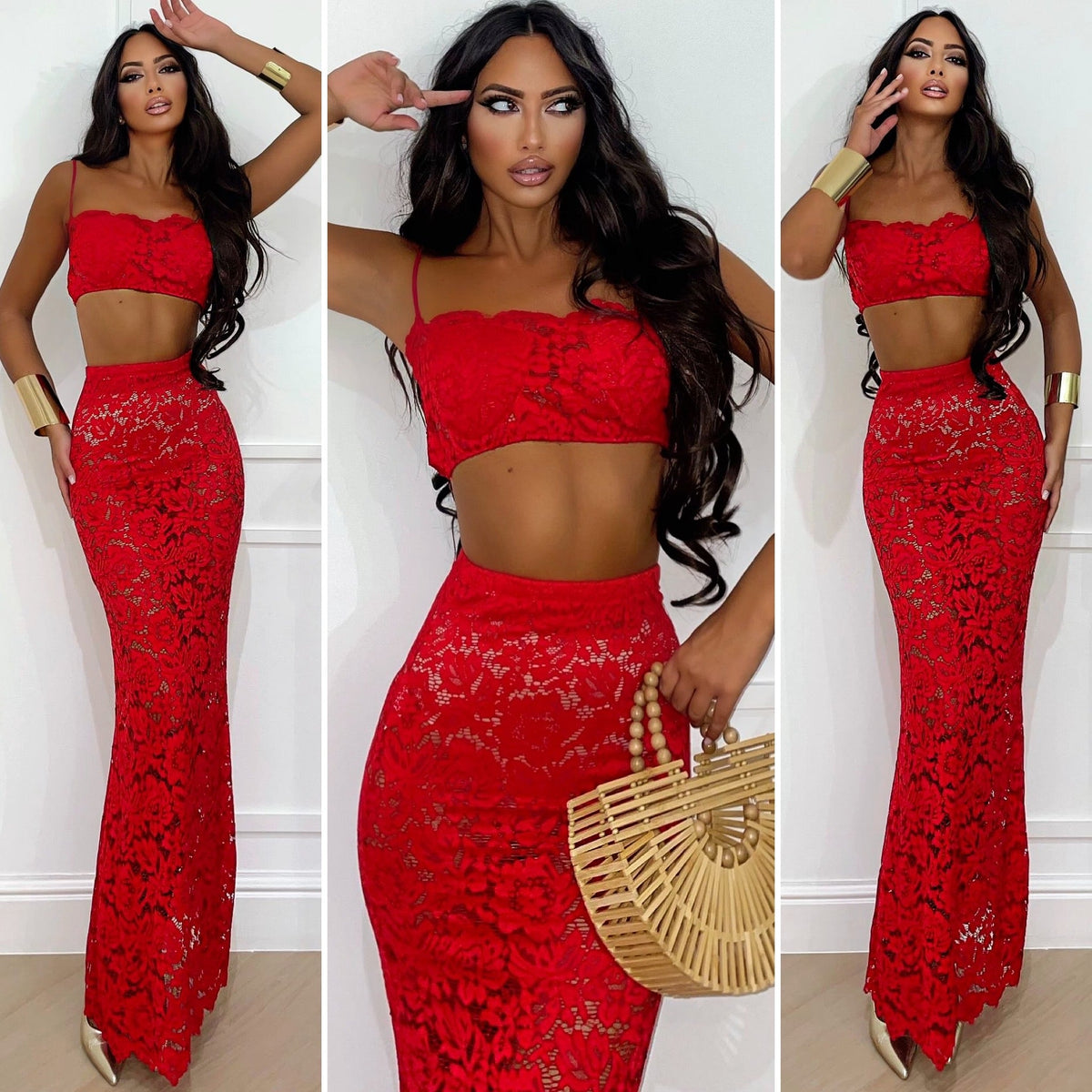 Completo top e gonna in pizzo rosso