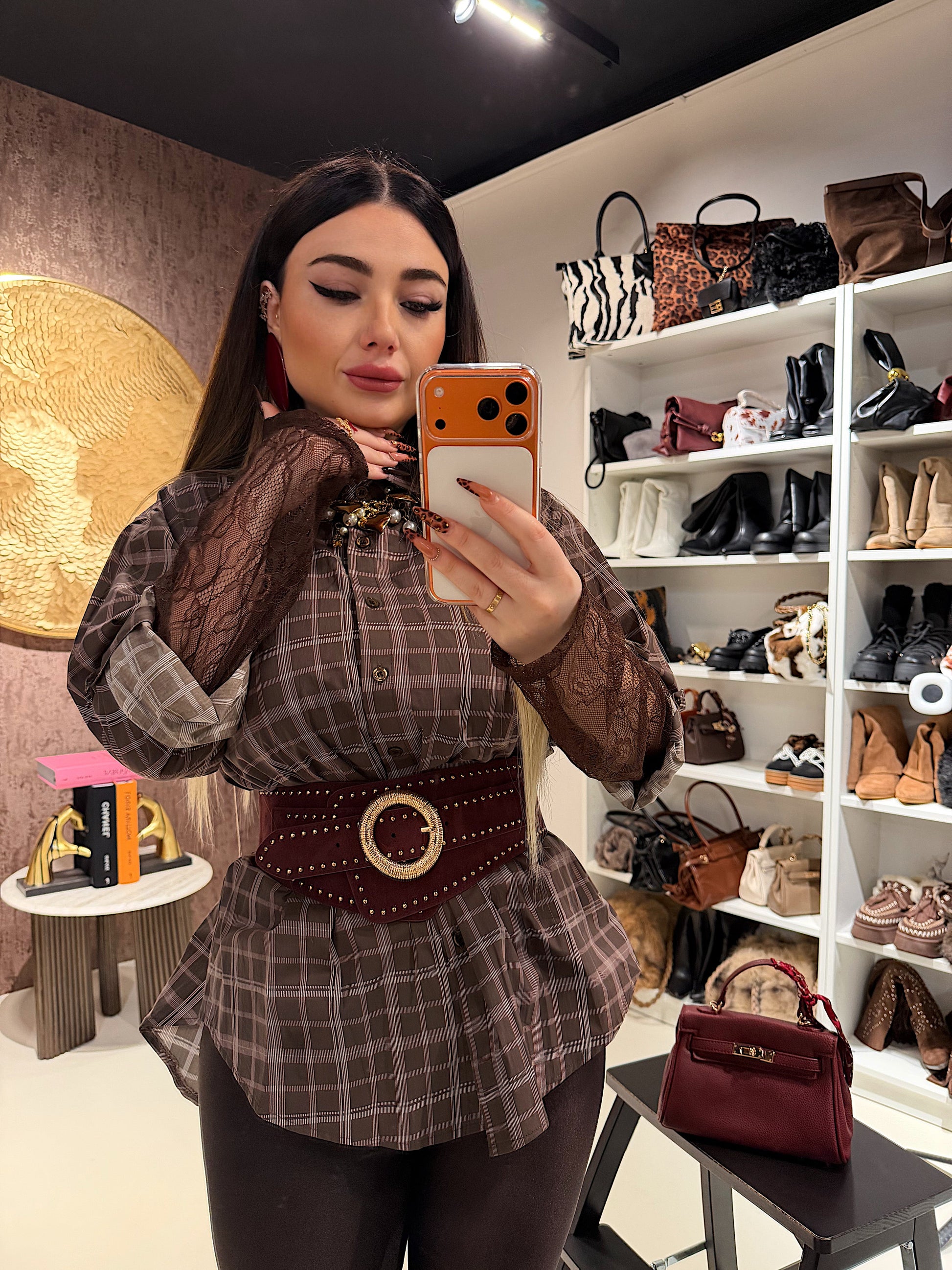 Camicia a quadri con polsino in pizzo