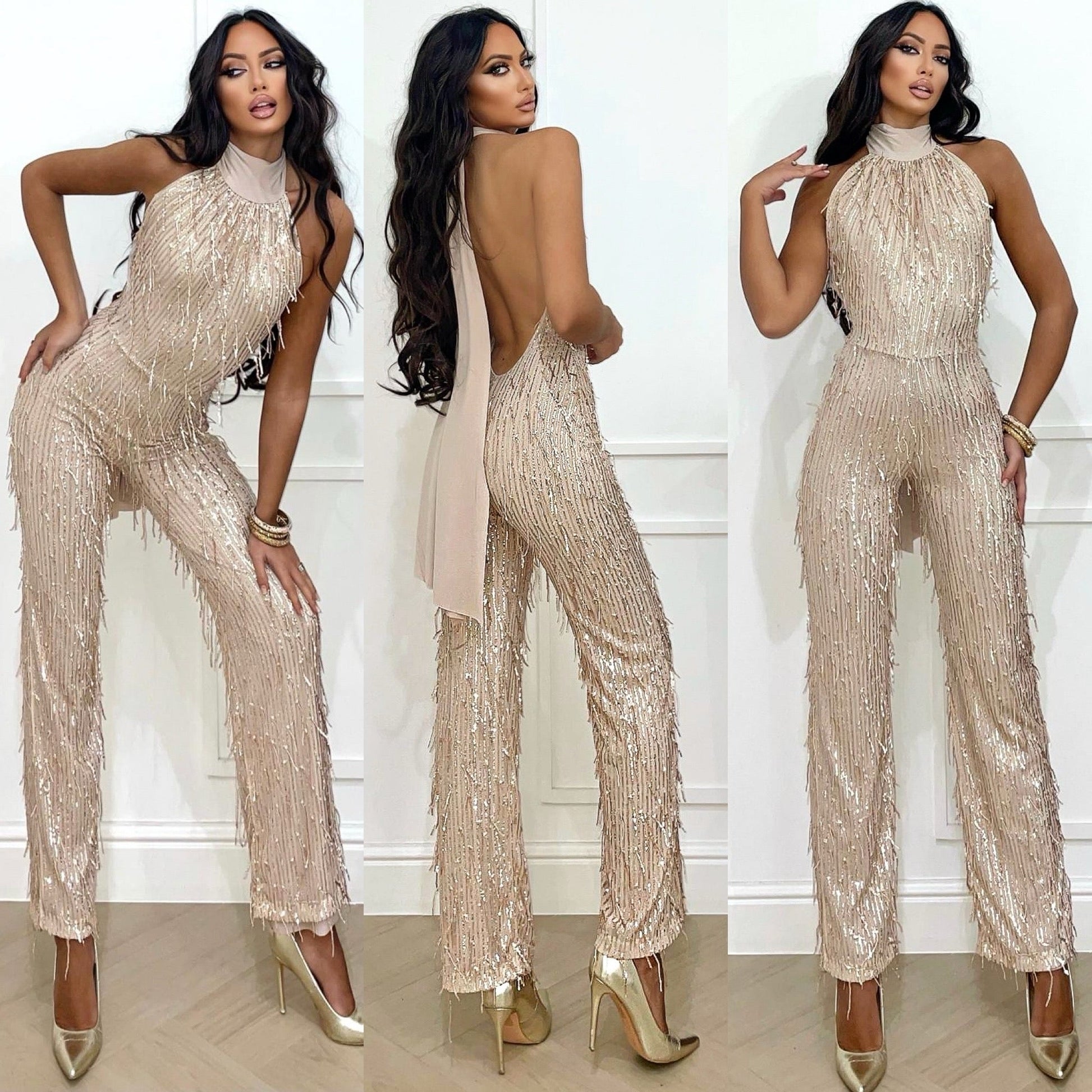 Tuta con frange in paillettes rose gold