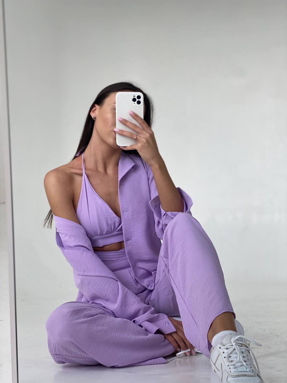 Set tre pezzi camicia top e pantalone lilla