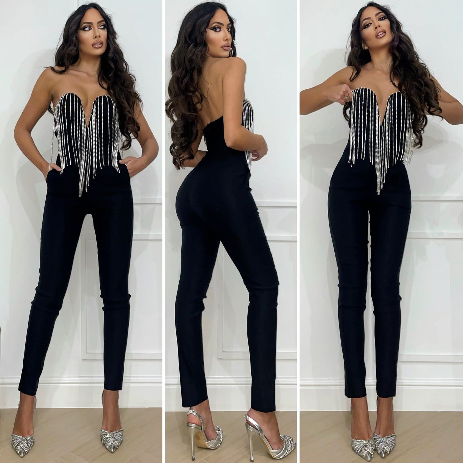 Tuta bandage con frange in strass