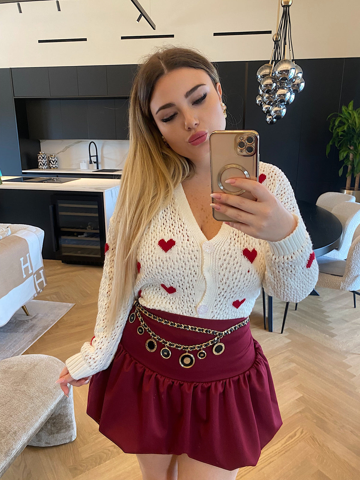 Cardigan bianco cuori rossi