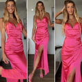 Abito in raso fuxia con drappeggio