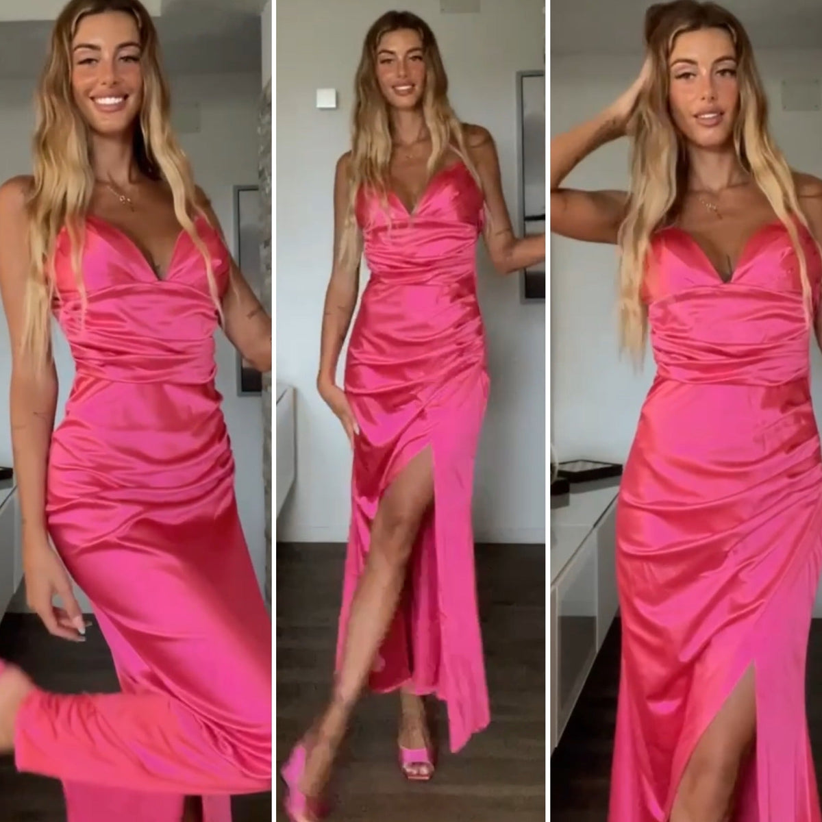 Abito in raso fuxia con drappeggio