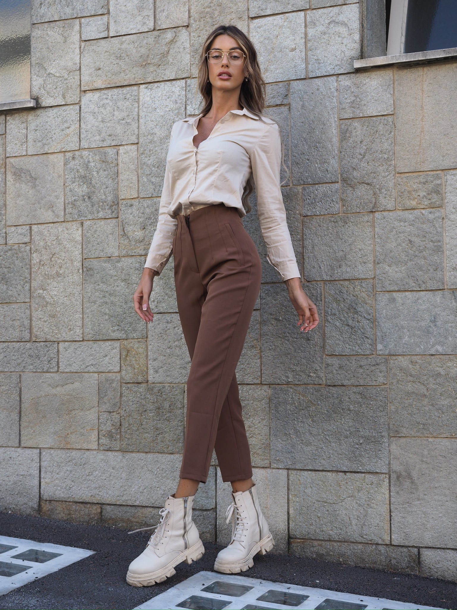 Pantalone vita alta choco