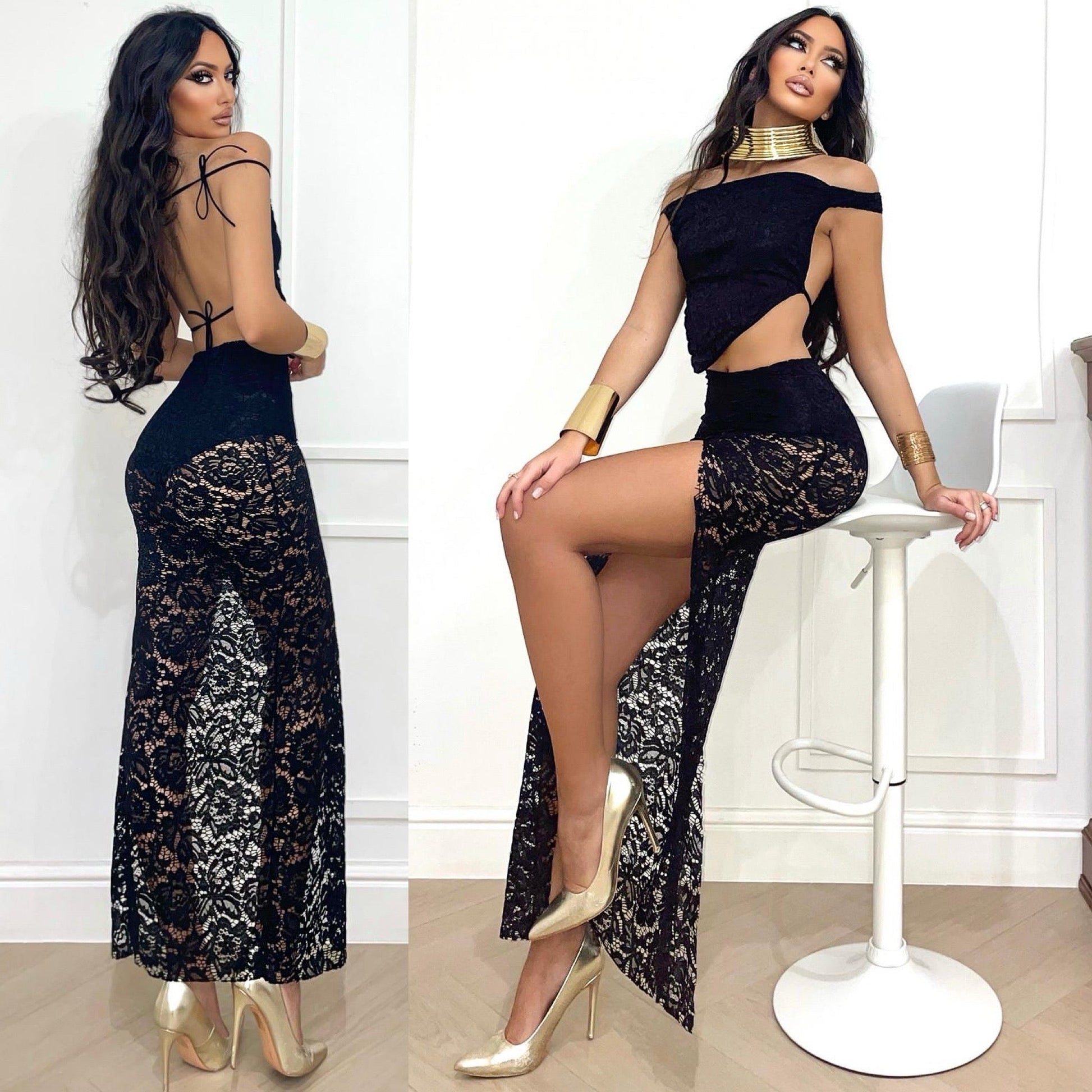 Completo top e gonna in pizzo nero