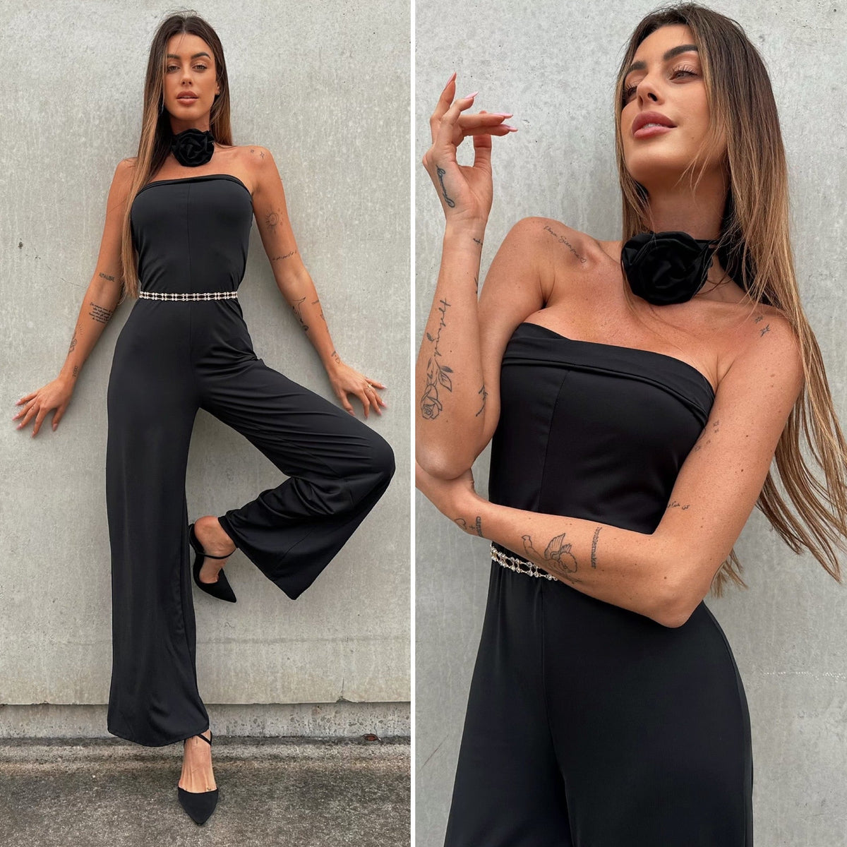 Tuta a fascia con collana rosa