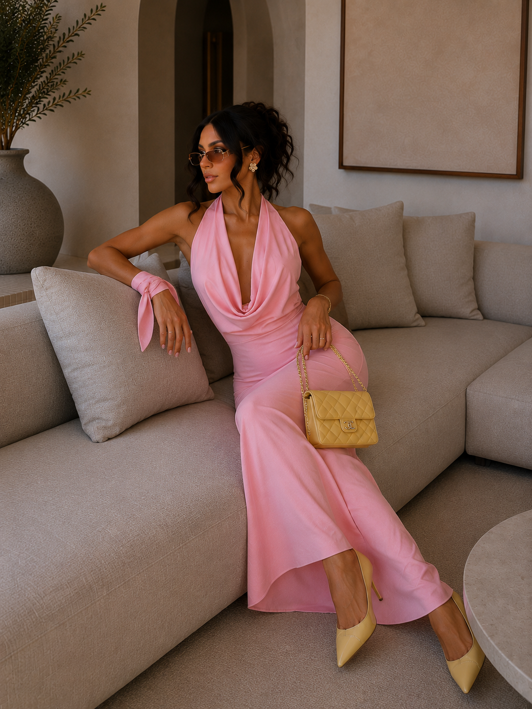 Abito rosa con laccio e scollo