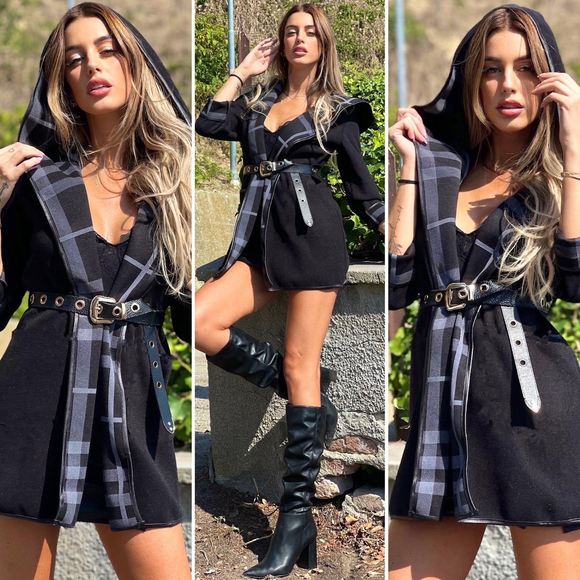 Cappotto check nero con cintura