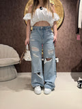 Jeans Wide Leg Strappi e Borchie