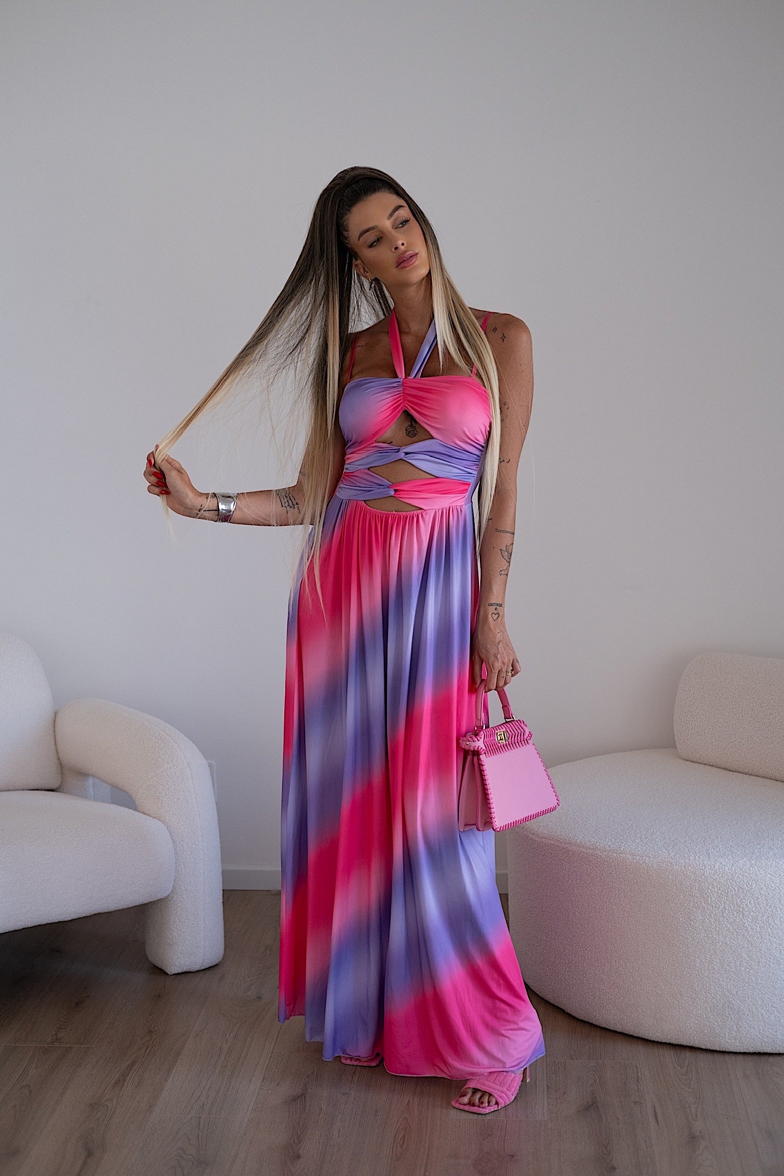 Abito lungo Fuxia azzurro lilla  con incrocio