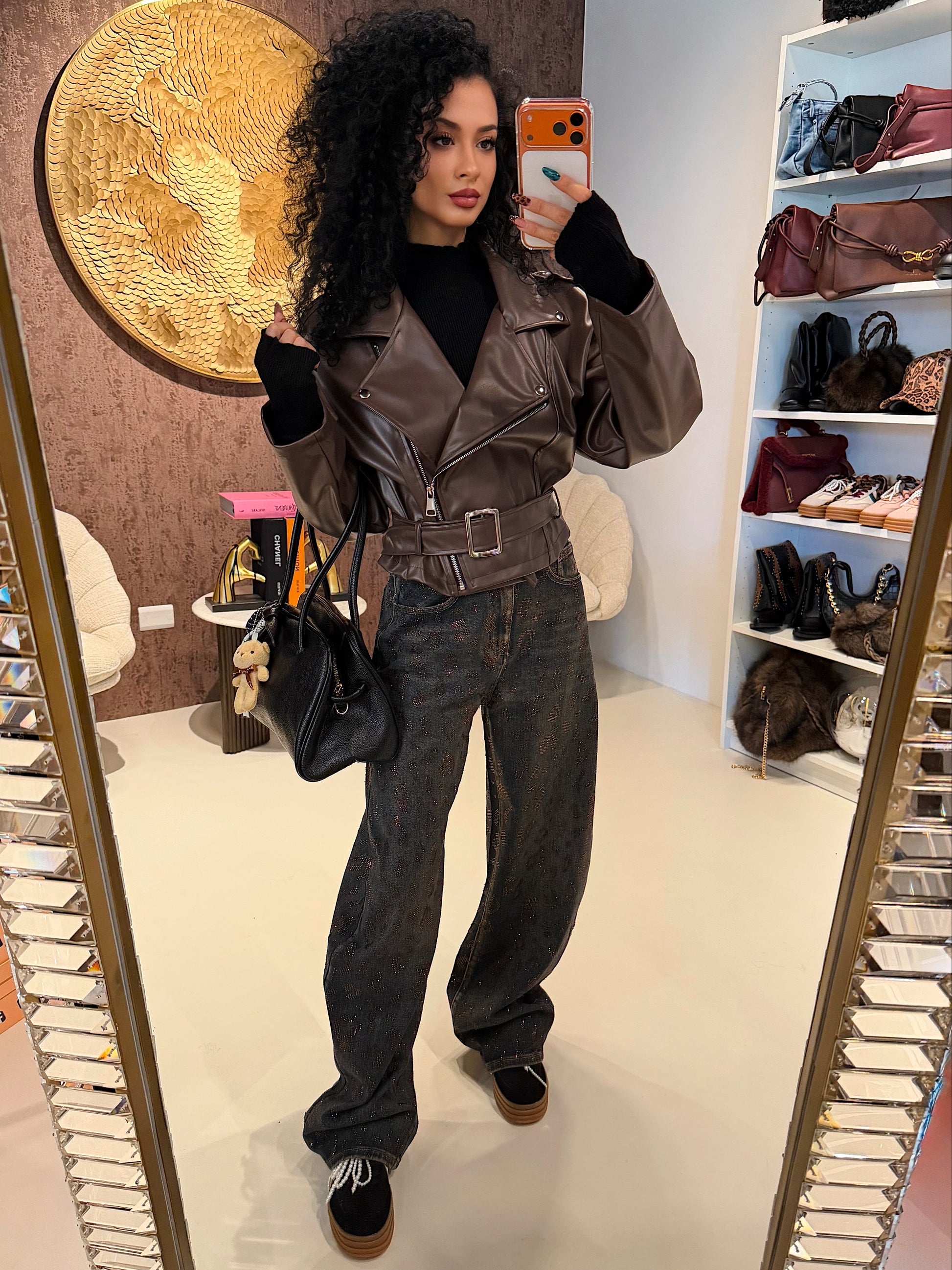 Jeans Balloon Fit con Stampa Animalier e Strass