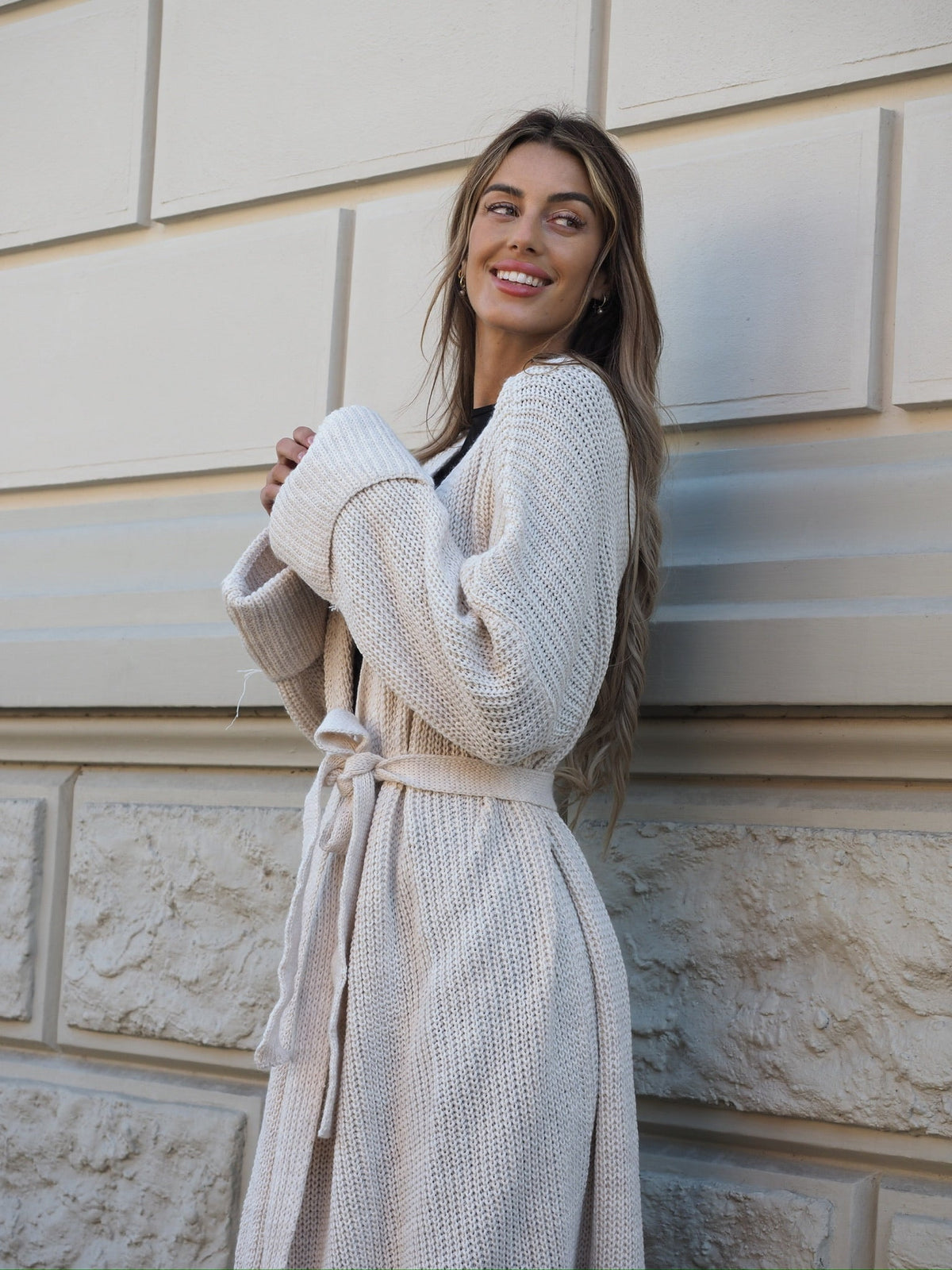 Maxi cardigan beige con frange