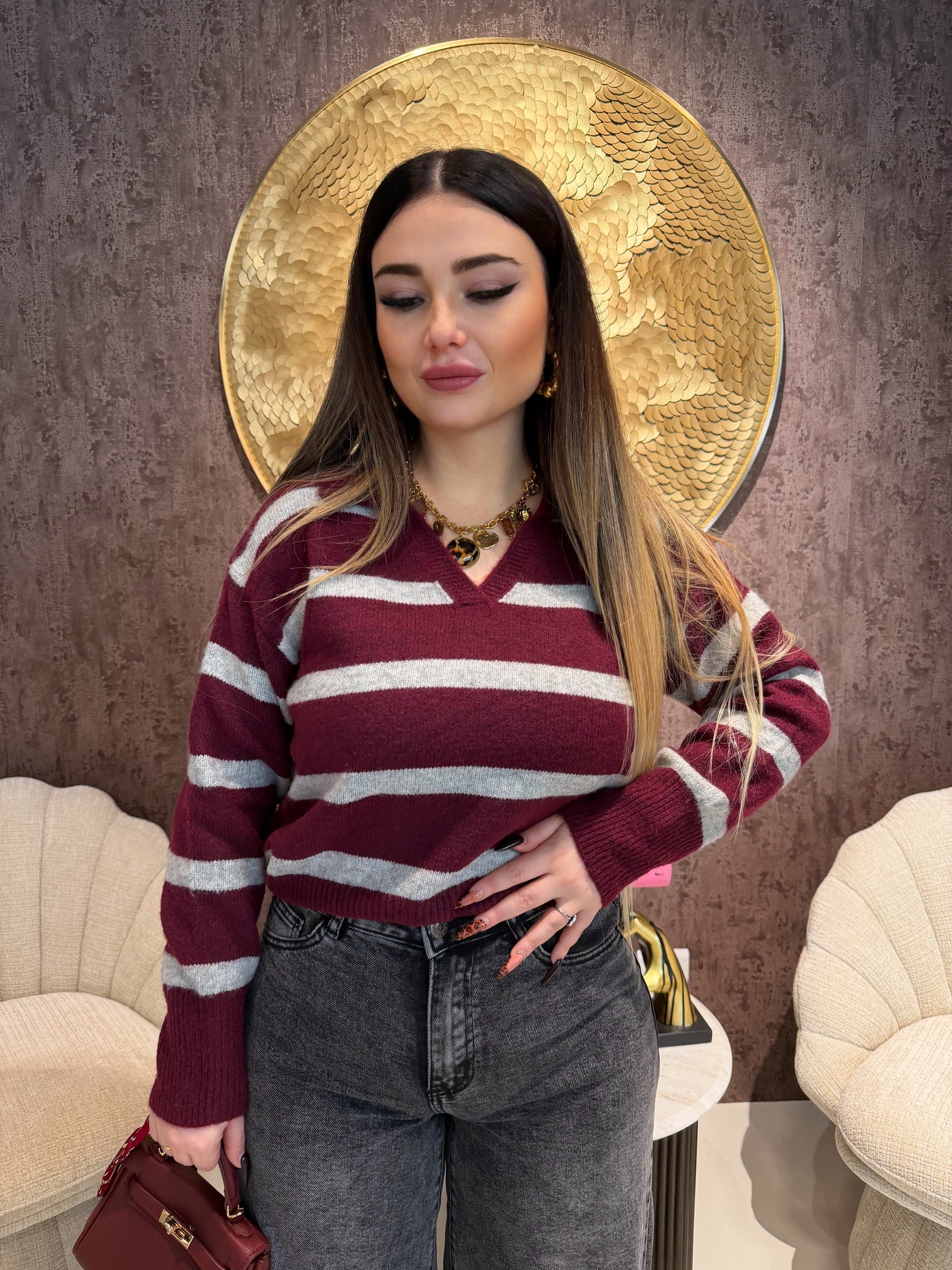 Maglione a righe bordeaux grigio