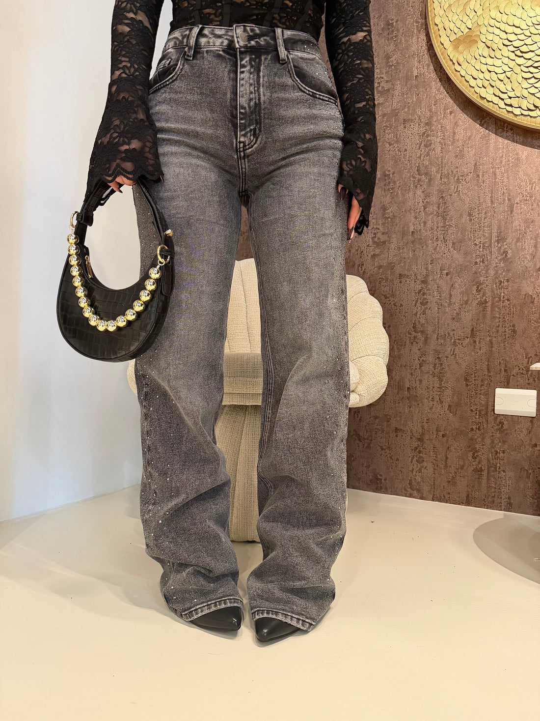 Jeans wide leg con brillantini